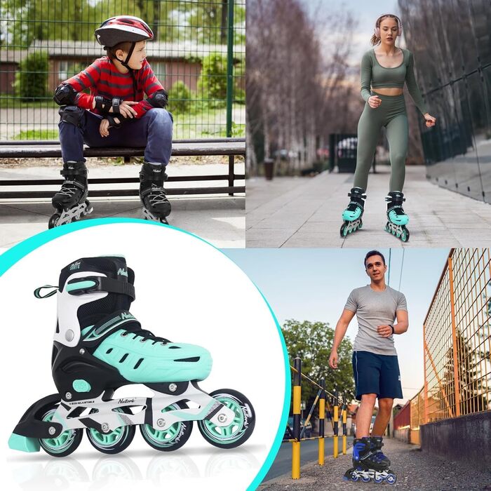Роликові ковзани Nattork для дітей та дорослих, 4 розміри, регульовані, турквіс, X-Large (EU 37-40/240-260)