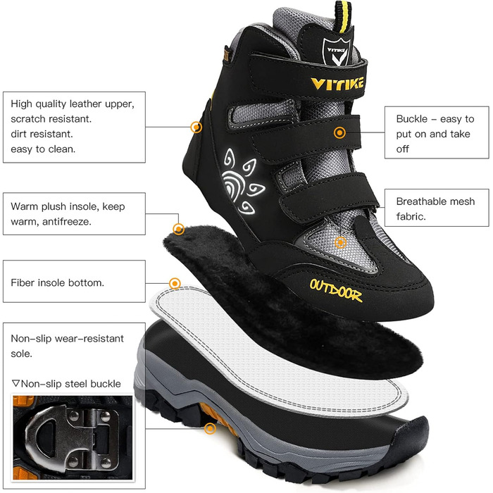 Дитячі зимові черевики ASHION: утеплені, для хайкінгу та трекінгу, розмір 38 EU, чорно-жовті