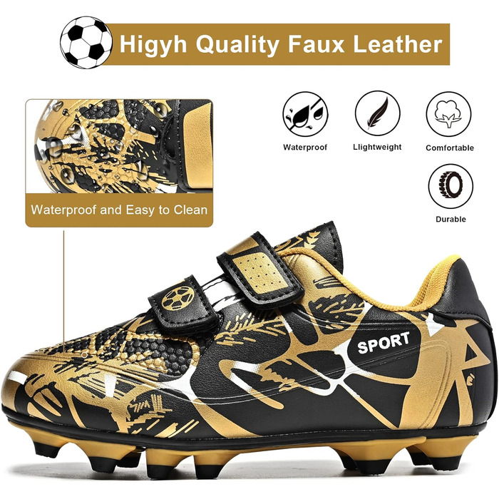 Дитячі футбольні бутси Unisex, чорно-золоті, розмір 28-37 EU, дихаючі, антиковзкі