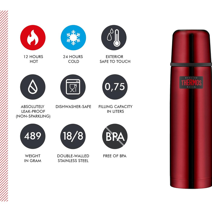 Термос для напоїв 0,75 л Thermos Light & Compact, червоний, нержавіюча сталь, ізольована пляшка з чашкою, зберігає тепло до 18 годин, холод — до 24 годин, герметичний, BPA-free, можна мити в посудомийці