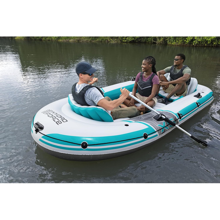 Надувний човен Bestway Hydro-Force Adventure Elite X5, 5-місний, з насосом, веслами, сидіннями, сумкою для спорядження, 364x166x45 см, бірюзово-сірий