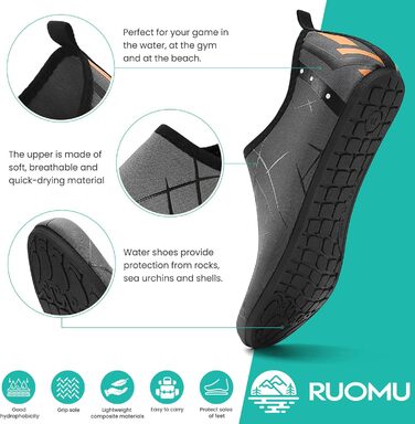 Водні черевики для жінок та чоловіків: легкі, швидковисихаючі, з антиковзким покриттям для плавання, пляжу та серфінгу (44 EU, 857 Темно-сірий)