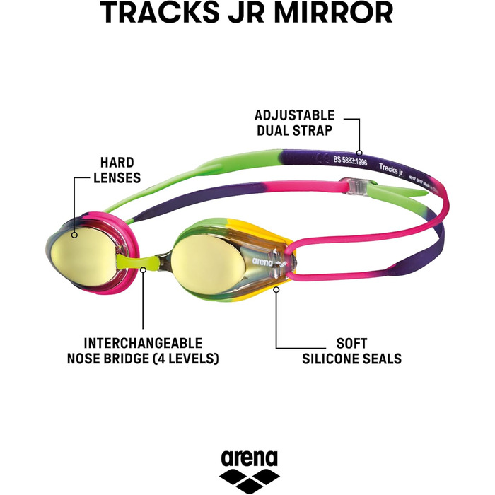 Дитячі дзеркальні окуляри для плавання Arena Tracks Junior, антифог, UV-захист, 4 змінних носових упори, силіконові ущільнювачі, для змагань