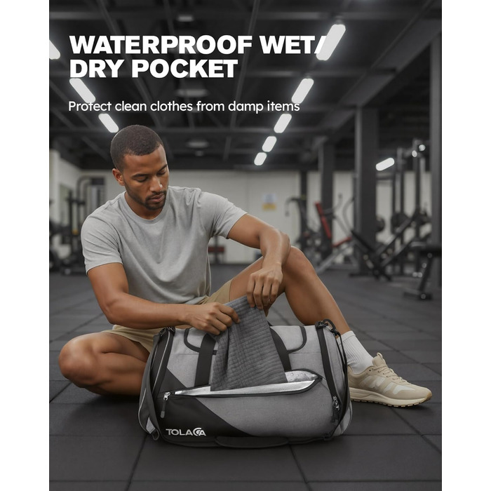 Спортивна сумка Tolaccea 47L з відділенням для взуття та мокрих речей - рюкзак, сумка для подорожей, фітнесу, тренувань (Сірий)