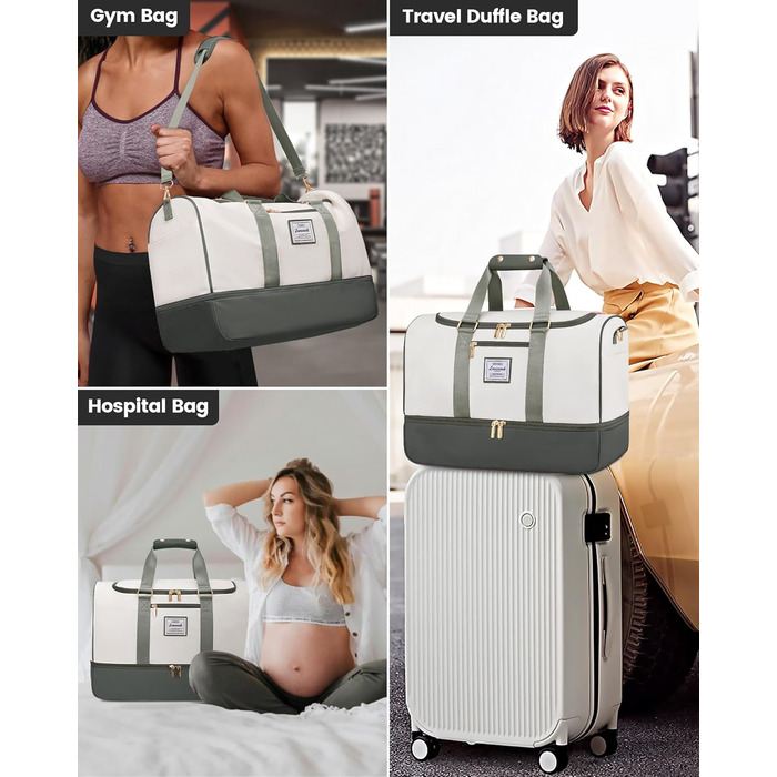 Сумка-валіза LOVEVOOK 37L для подорожей та спортзалу, водонепроникна, з відділенням для взуття та мокрих речей, зелено-бежева