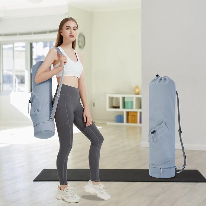Сумка для йоги та килимка Yogatasche з відділенням для пляшки, регульованим ременем, сіра/блакитна, розмір M