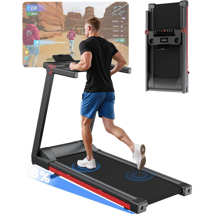 Бігова доріжка для дому 16 км/год, Walking Pad з нахилом 6%, бігове полотно 158 кг, велика площа бігу 112 * 42 см, тихе бігове полотно для дому та офісу, чорно-червоне