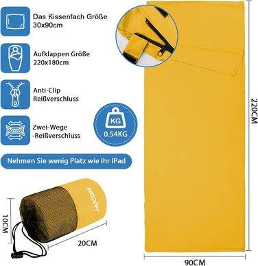Легкий шовковий спальний мішок для подорожей 2в1, мікрофібра, зручний, компактний, для кемпінгу, зеленого кольору (Golden)