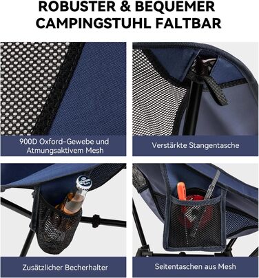 Складний туристичний стільчик Hochlehner з підголівником, 150 кг, ультралегкий, портативний, з кишенями та сумкою для кемпінгу, пляжу, відпочинку на природі та піших прогулянок (Indigoblau)