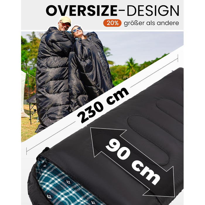 Сплячий мішок KingCamp Flannel для дорослих, 4 сезони, ультралегкий, бавовна, теплий, ковдровий, водонепроникний, для кемпінгу та повсякденного використання, чорний, L, блискавка