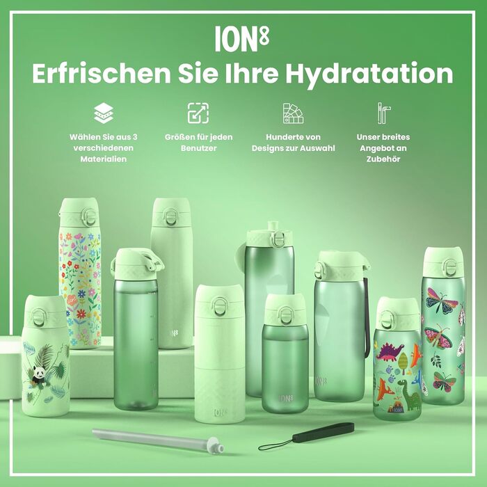 Пляшка для води Ion8 500 мл, не протікає, легка чистка, BPA-free, з ручкою та кришкою, з метеликами, для спорту та школи