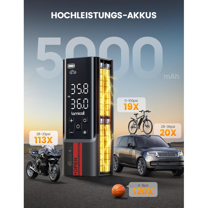 Електрична повітряна помпа Lamicall з акумулятором для велосипеда, авто, мото - 150 PSI, компресор з цифровим манометром та Powerbank, 5000mAh з металевим циліндром