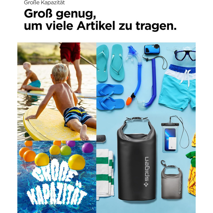 Набір водонепроникних сумок Spigen Dry Bag Set [Aqua Shield] 20L+21L - для пляжу, плавання, кемпінгу, каякінгу, човнів - чорний
