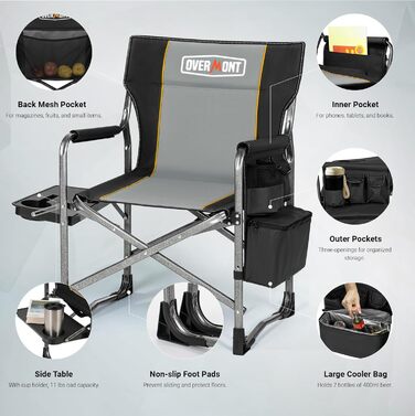 Крісло для кемпінгу OVERMONT: складне, з підспівателем та сумкою-холодильником - до 180 кг, чорне