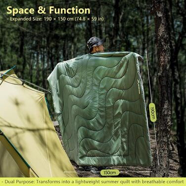 Спальний мішок BISINNA літній, ультралегкий (190x75 см), 680 г, тихий, компактний (27x15 см) для кемпінгу, фестивалів, гостей