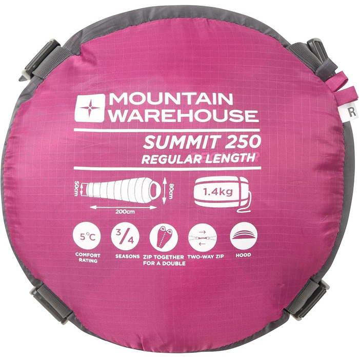 Сплячий мішок Mountain Warehouse Summit 250 - 3/4 сезону, ізольований, мумієподібний, 215 см, для кемпінгу та трекінгу, Fuchsia