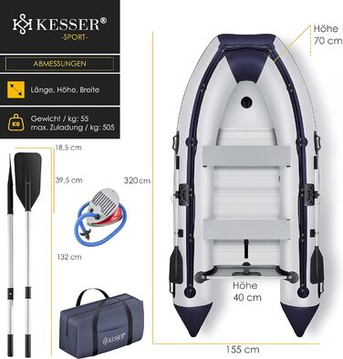 Надувний човен KESSER 3,2 м для 4 осіб, моторний, алюмінієве дно, 2 лавки, весла, насос, ремонтний комплект, ПВХ