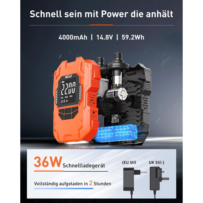 Електричний насос для SUP-дошки GICLE 22PSI з акумулятором, Type-C, 12V DC, помаранчевий