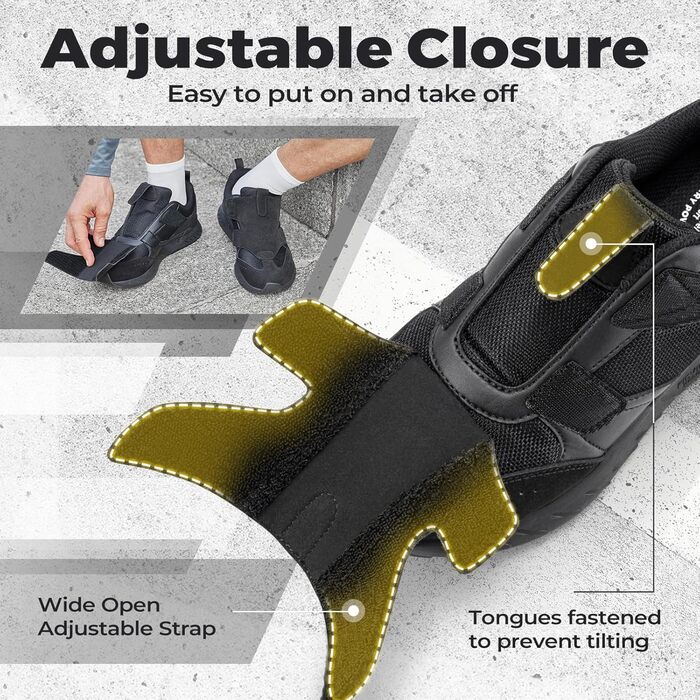 Кросівки для ходьби та бігу FitVille для чоловіків, широкі, спортивні, з клямками, зручні для широкої стопи, ортопедичні, неслизькі, для фітнесу та джогінгу (43 EU, чорний)