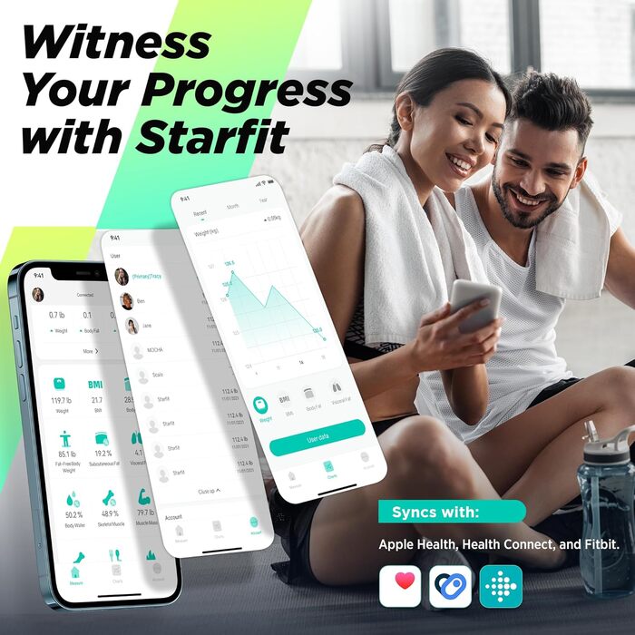 RunSTAR ваги для аналізу тіла, цифрові ваги з великим дисплеєм, точні, для BMI, пульсу та 15 показників, синхронізація з фітнес-додатком, до 180 кг