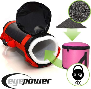 Мішок для тренувань EyePower 20 кг з 4 гантелями (заповнений піском) - 6 ручок, для дому, преміум якість, чорно-червоний