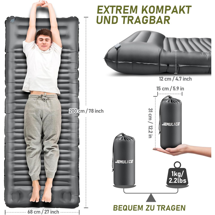 Isomatte Camping 12 см: Надувний килимок для кемпінгу з компактним розміром та насосом, ультралегкий, водонепроникний, анти-ріпстоп для походів та пляжу (сірий)