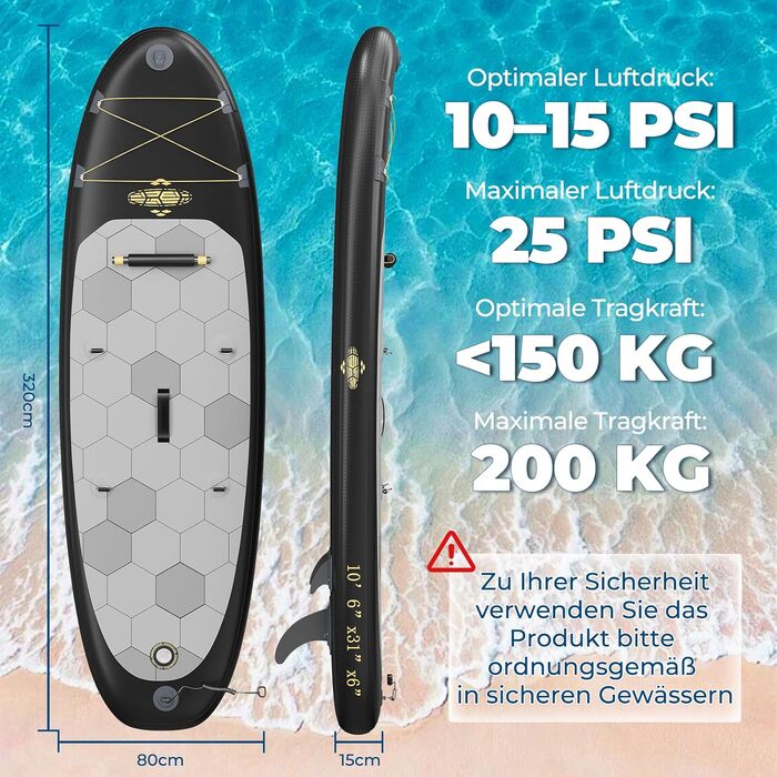 Надувний SUP борд Devoko 320x80x15 см з аксесуарами (2-в-1: SUP та каяк), для серфінгу, риболовлі, йоги, чорний