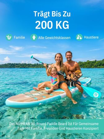 Надувне SUP-борд Niphean Stand Up Paddle Board з сидінням та аксесуарами, 320 см, для 2 осіб, 200 кг, StabilTrac-фін, Cool Mint Wood