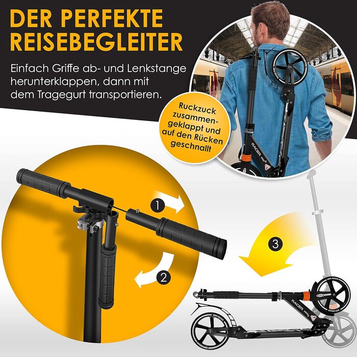 Самокат KESSER Cityroller Pro-S, колеса 205 мм, PU, складаний, з амортизацією, регулювання висоти, для дорослих і дітей