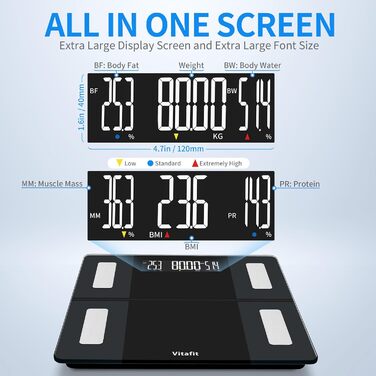Ваги Vitafit для тіла з Bluetooth, аналіз складу тіла (жир, BMI, м'язи), максимальне навантаження 250 кг, точність, чорний