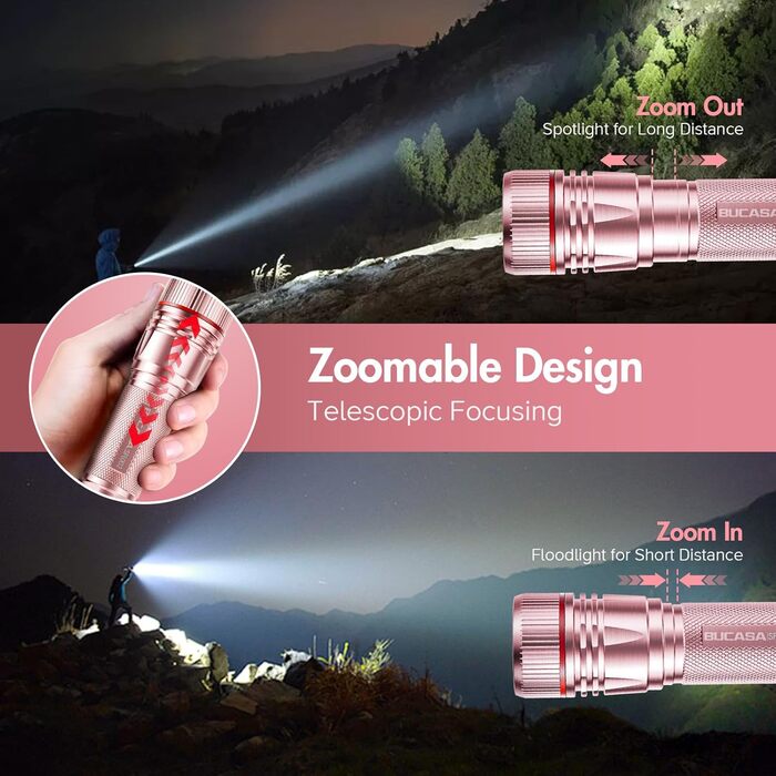 Ліхтарик LED BUCASA, 2000 люмен, 3 режими, 2 шт. Зоомирующийся, водонепроникний, для кемпінгу та туризму (рожевий)