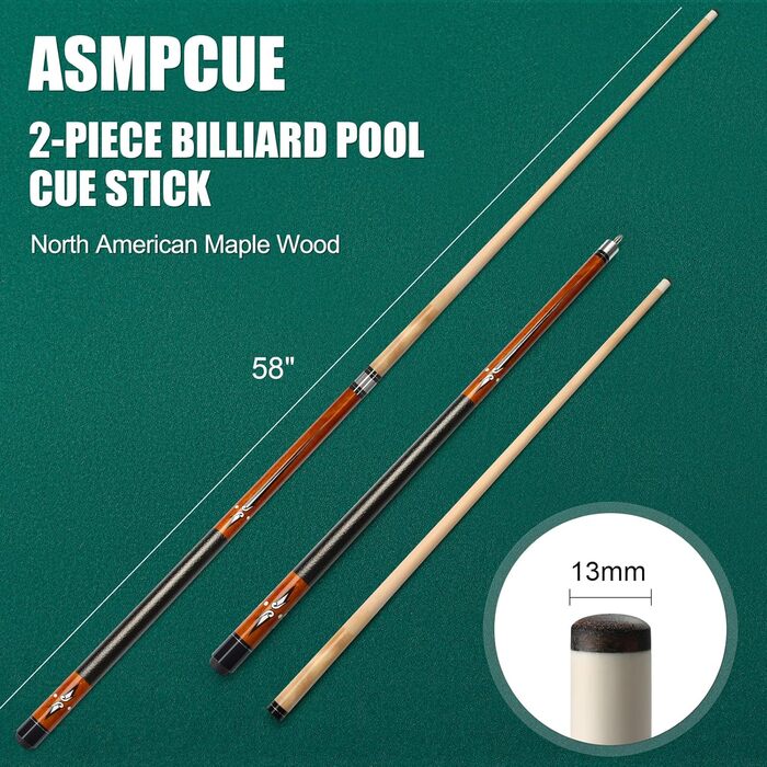 Більярдний кий Pool Queue 58 дюймів з канадського клена, 13 мм наконечники, для професійних гравців, 1/2 Maple, 18oz (колір: коричневий)