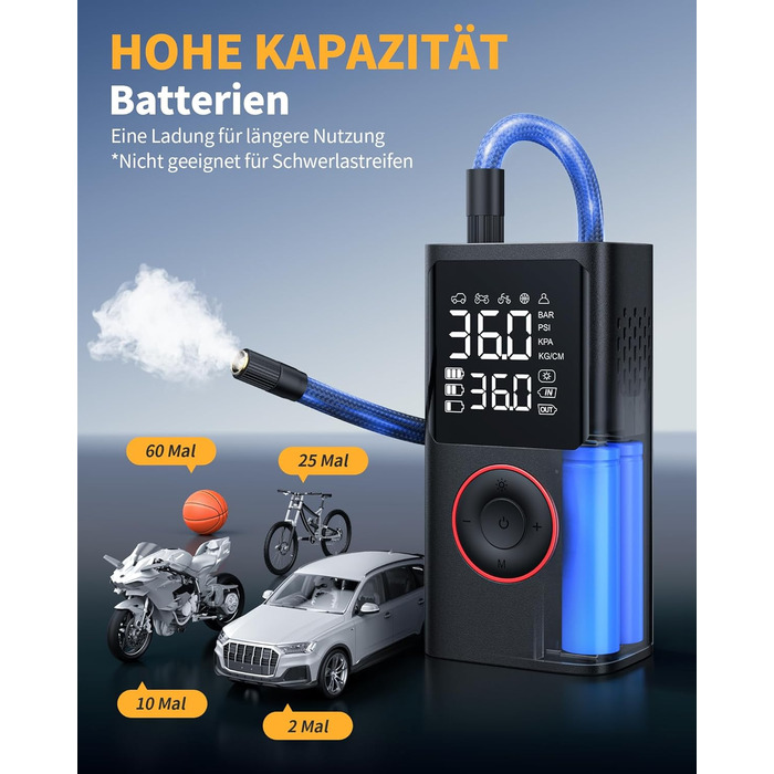 Бездротова електрична повітряна помпа Powools 150PSI з LED-ліхтариком та автостопом, акумуляторна помпа для велосипеда, електровелосипеда, авто, мотоцикла, м'ячів, чорна