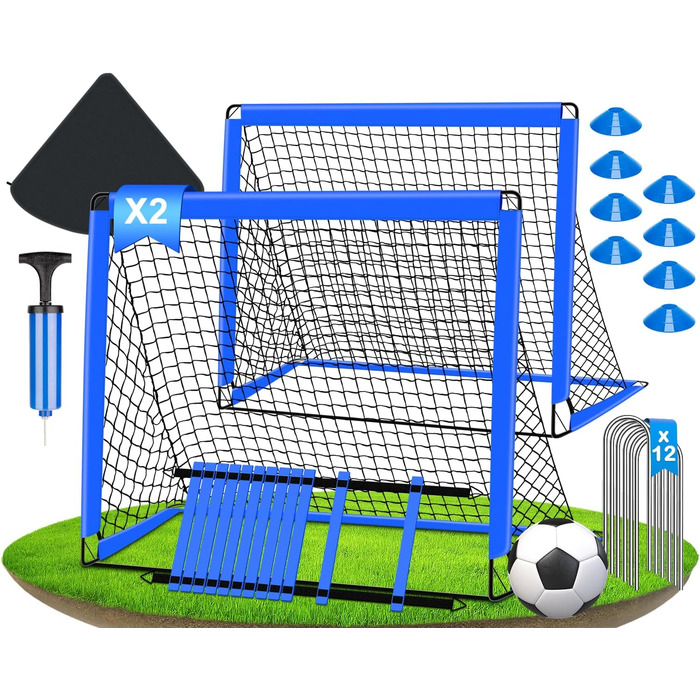 Набір для гри у футбол для дітей 2 шт: Pop-Up ворота для футболу з драбиною для розвитку спритності - тренувальний набір включає м'яч розміру 3, 8 фігурок, насос та сумка - ворота для гри в приміщенні/на вулиці 120см*90см - комплект з двох штук