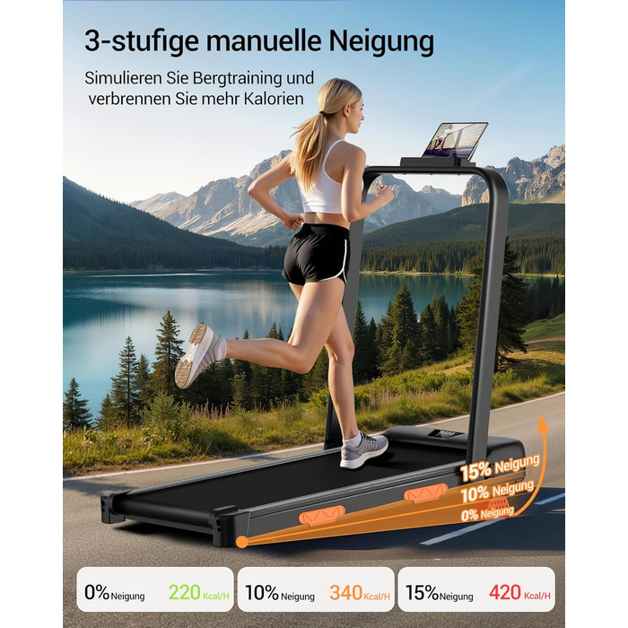 Складана бігова доріжка UMAY для дому з регулюванням нахилу 15%, Walking Pad для ходьби, макс. навантаження 136 кг, з LED-дисплеєм та пультом керування, чорна