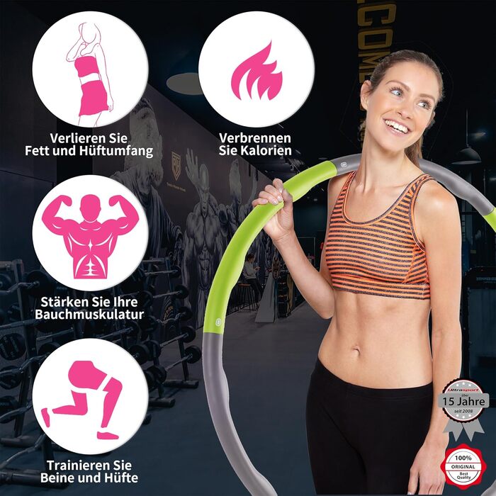 Ultrasport Хулахуп для фітнесу, 6 секцій, м'який піноматеріал, для зміцнення спини та преса, зменшена кількість виступів, для початківців і досвідчених, зелено-сірий