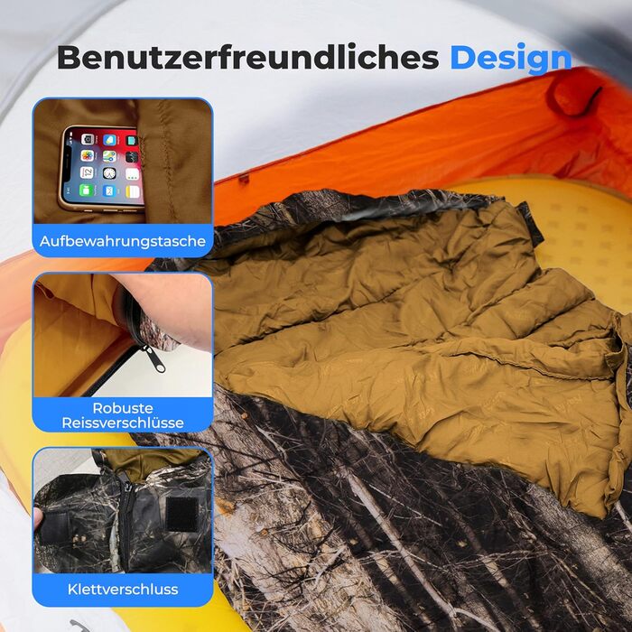 Спальний мішок SereneLife Mumienschlaф – легкий, теплий та водонепроникний для зими та холодних умов, ізоляція від -15 до 12 °C, гладкий блискавчик, компактний компресійний мішок, подушка для подорожей, для кемпінгу та відпочинку на природі (Real Tree)