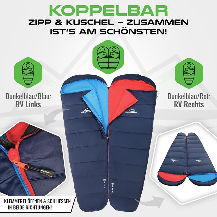 Сплячий мішок MOUNTREX® - компактний та ультралегкий (760г/1500г) - Outdoor спальний мішок для літа (100GSM) / 3-4 сезони (300GSM) - Мумієподібний спальний мішок – кемпінг, подорожі, фестивалі – теплий та з'єднуваний, темно-синій/синій