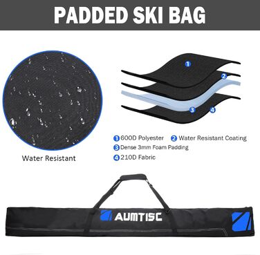 Чохол для лиж AUMTISC Skitasche Set: місткий, регульований (до 200 см), для 1 пари лиж та черевиків, синій