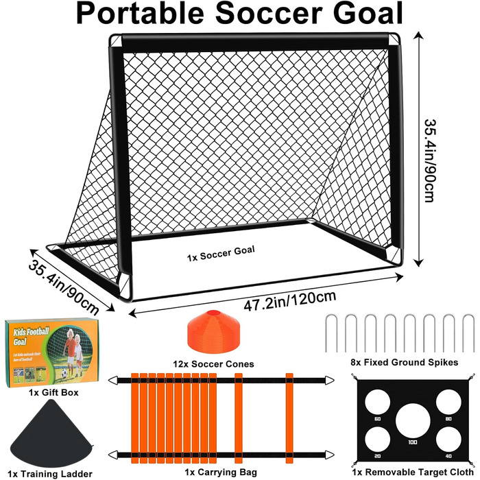 Дитячі ворота для футболу 2-в-1, 150x120 см, портативні та стабільні, 5 цілей, 4 анкера, сумка, для саду, парку, пляжу, чорний