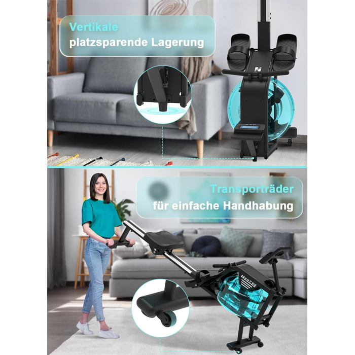 Велотренажер Neezee для дому з водним опором, Bluetooth-монітором і тримачем для планшета, до 150 кг, вертикальне зберігання, транспортувальні колеса