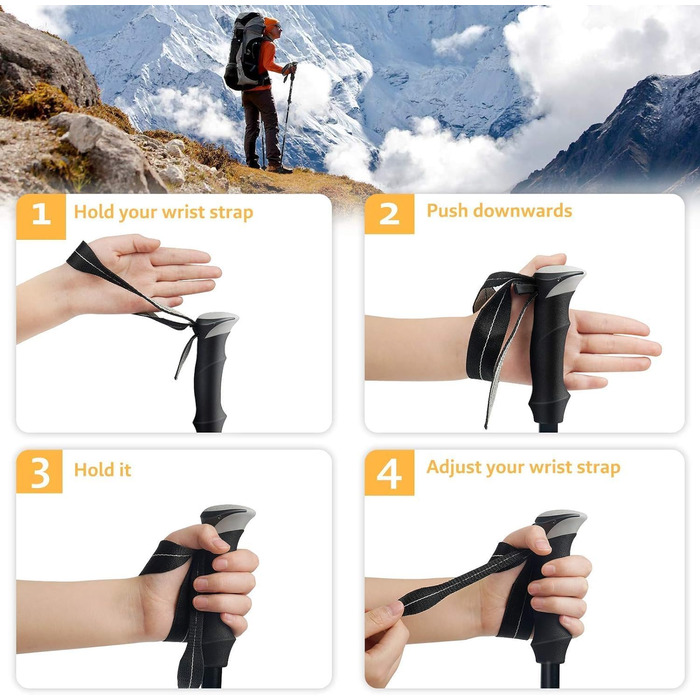 Тrekking-стіки, розкладні туристичні палиці, регульовані палиці для Nordic Walking, телескопічні палиці для чоловіків та жінок, для походів, для літніх людей, чорний колір, 1 шт.
