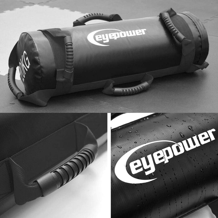 Мішок для тренувань EyePower 20 кг + 4 гантелі - заповнений піском - 6 ручок для фітнесу, для дому - 20x60 см, тренажер для пресу та спини, чорний