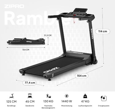 Біговий тренажер ZIPRO Klappbar: 1-16 км/год, 12 рівнів нахилу, LED-дисплей, компактний та тихий, з додатком