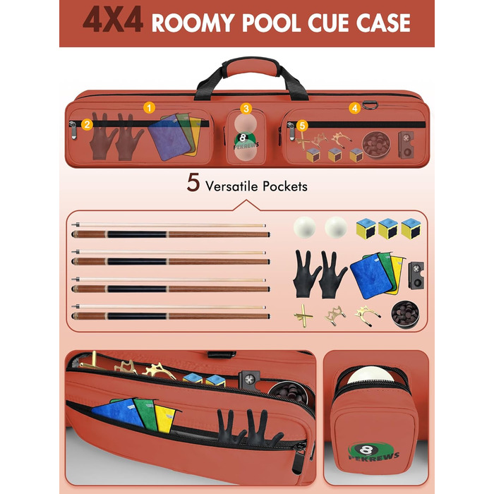 Чохол для більярдної кулі, сумка для 4 кулі та 5 шесток, м'яка підкладка, регульований ремінь, для жінок та чоловіків, Deluxe, помаранчевий