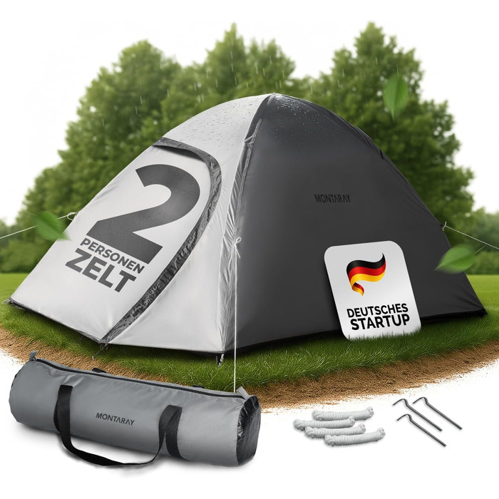 Намет MONTARAY для 2 або 4 особи: двостінний, з захистом від комарів, швидкий монтаж, водонепроникний, вітростійкий, дихаючий, легкий, компактний, з сумкою. Ідеально для кемпінгу та фестивалів (сірий)