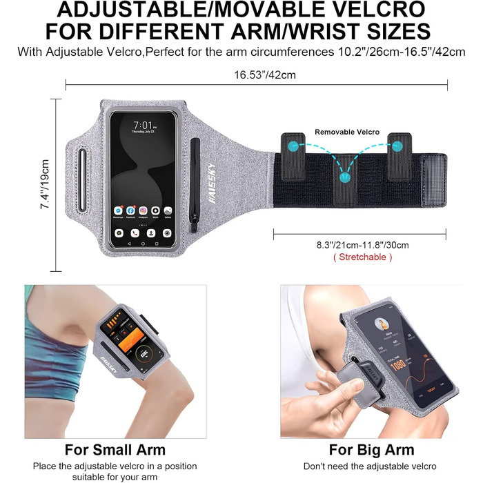 Спортивний браслет на руку для бігу з навушниками та кишенькою для ключів, підставка для телефону, чорний (оновлена, до 6.9')