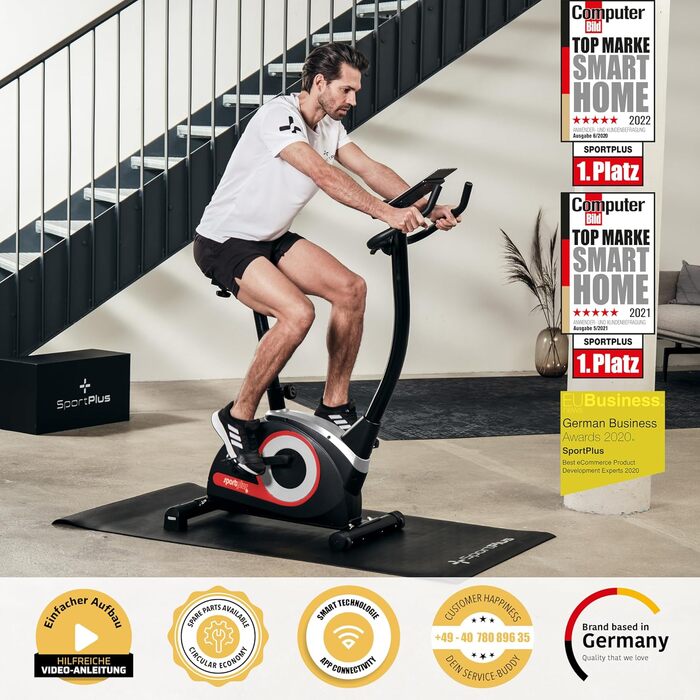 Велотренажер SportPlus Compact, 24 рівні навантаження, ергометр, вимірювання пульсу, сумісний з додатками, до 120 кг, німецький дизайн