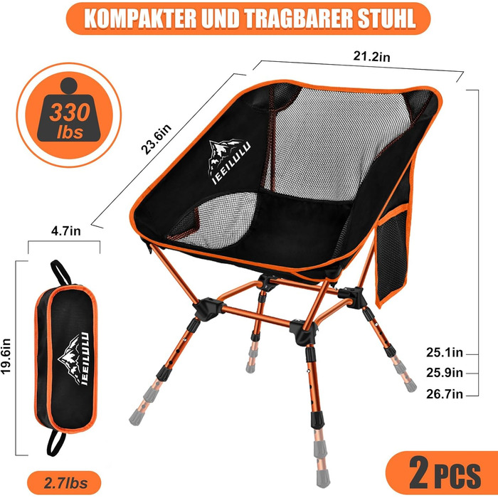 Складний туристичний стілець IEEILULU, 130 кг, портативний, ультралегкий для пікніка, риболовлі, відпочинку на природі та подорожей (Помаранчевий)