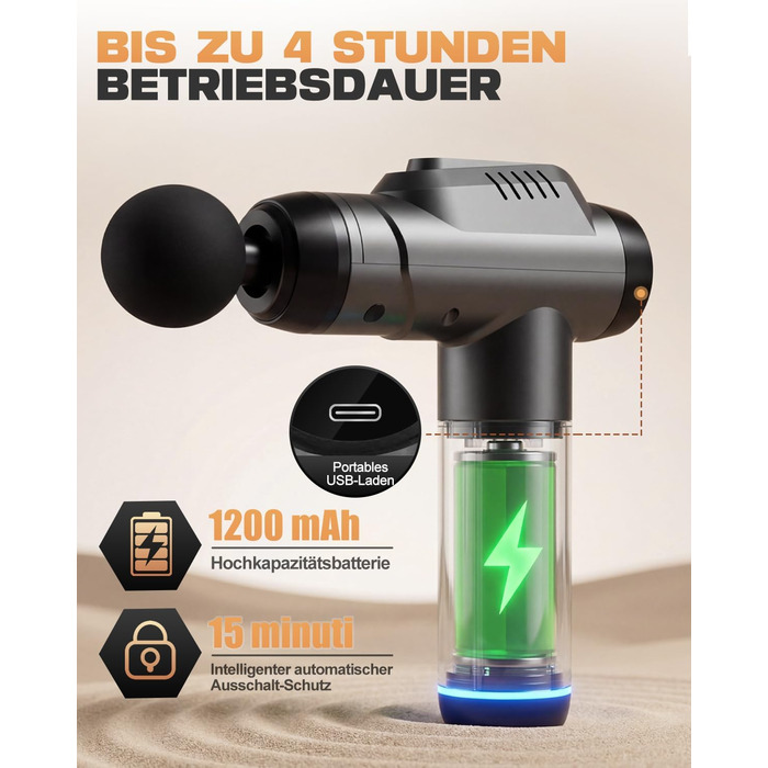 Масажний пістолет Massage Gun для м'язів: перкусійний масажер з 99 швидкостями, 8 насадками, до 9800 об/хв, амплітуда 14 мм, LED сенсорний екран, 35 дБ, чорний